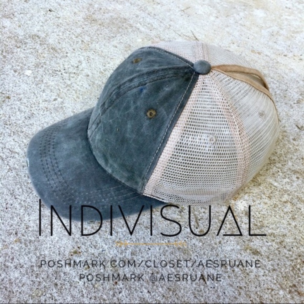 High ponytail distressed grayish green trucker cap